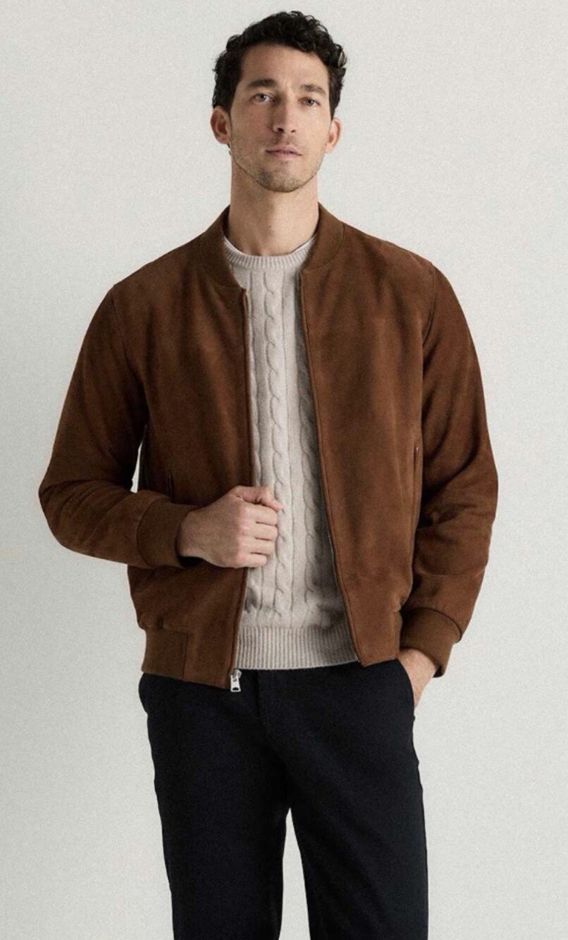 NWT Quince Goat Suede Bomber Jacket •Men L• Cognac Chestnut Brown Coat $225